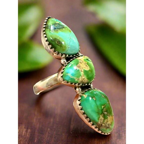Sonoran Gold Turquoise Three Stone Ring Sterling Adjustable 5-10 - Picture 3 of 8